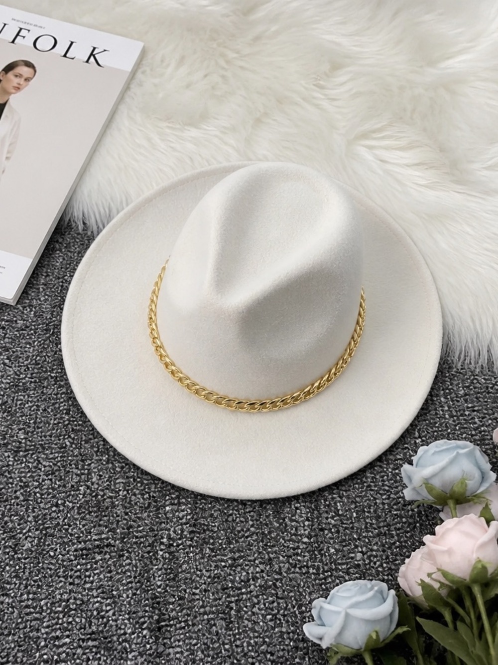 Women's Ivory Felt Fedora Hat with Gold Chain Trim